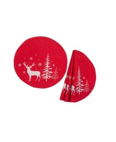 Manor Luxe Deer In Snowing Forest Double Layer Round Christmas Placemat - Set Of 4 In Red