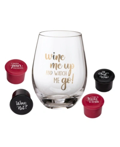 Lillian Rose Wine Lover Wine Glass With Wine Me Up Saying And 4 Wine Bottle Stoppers In Multi