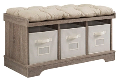 Walker Edison 42" Wood Storage Bench With Totes And Cushion - Driftwood In Dark Brown