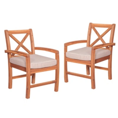 Walker Edison X-back Acacia Patio Chairs With Cushions (set Of 2) In Brown
