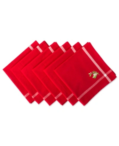 Design Imports Embroidered Mistletoe Corner With Border Napkin, Set Of 6 In Red