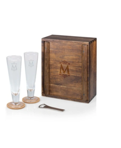 Legacy Monogram Pilsner Beer Glass Gift Set, Acacia Wood In Brown-m