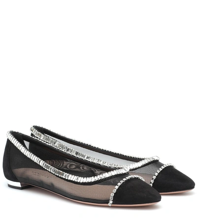 Aquazzura Treasure Crystal-embellished Suede And Mesh Point-toe Flats In Black