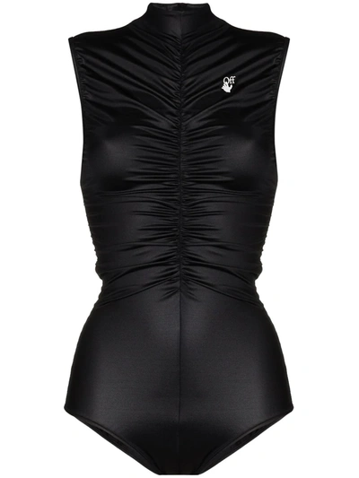 Off-white Gathered-detail Zip-up Bodysuit In Black