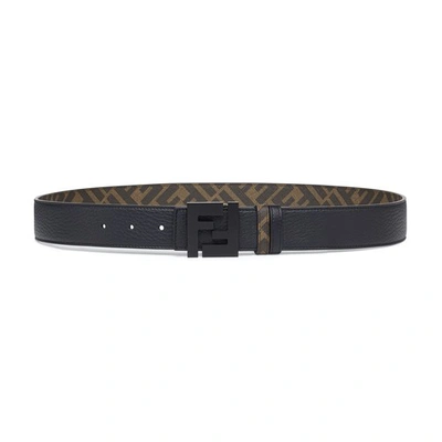 Fendi Reversible Belt In Brown Leather And Fabric In Black
