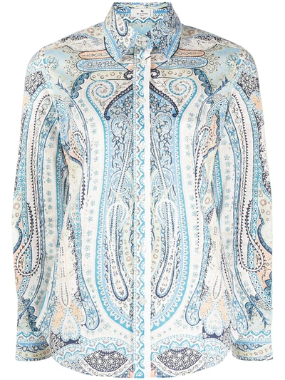 Etro Camicia Paisley Print Stretch Cotton Shirt In Light Blue