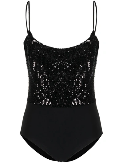 Balmain Sequined Bodysuit W/ Spaghetti Straps In Black