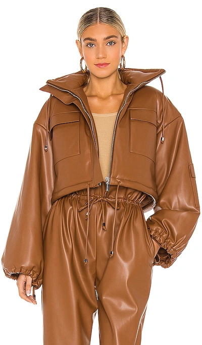 Selmacilek Puff Sleeve Vegan Leather Jacket In Brown