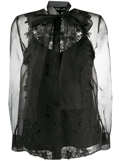 Escada Floral-embroidered Sheer Blouse In Black