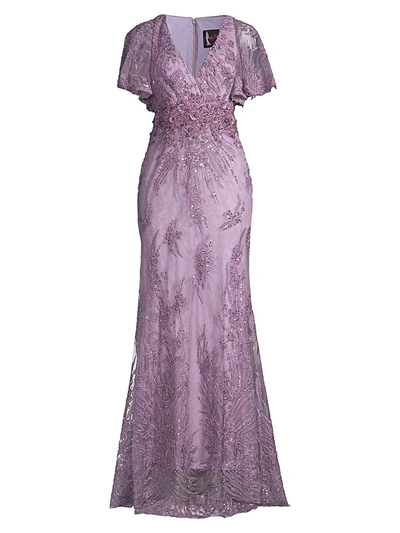 Mac Duggal Butterfly Sleeve Sequin Lace Column Gown In Purple