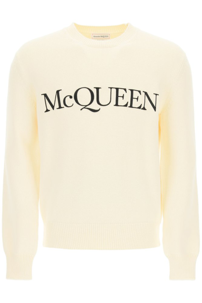 Alexander Mcqueen Cotton Sweater With Logo Embroidery In Ivory,black