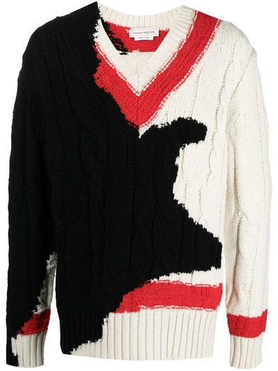 Alexander Mcqueen Cable Knit Wool V-neck Pullover In Multicolour