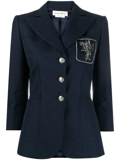 Alexander Mcqueen Single-breasted Beaded-crest Cotton Blazer In Blue