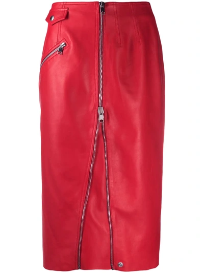 Alexander Mcqueen Zip-embellished Leather Midi Skirt In Red
