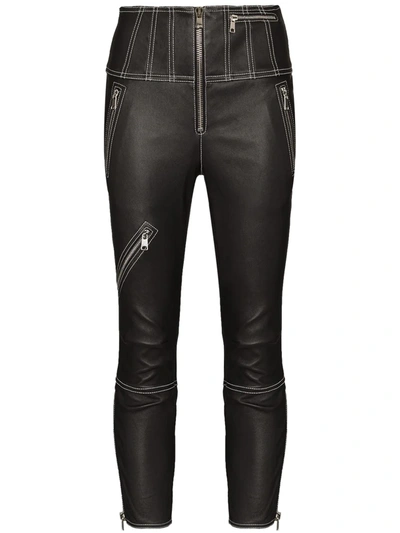 Alexander Mcqueen Cropped Zip-embellished Topstitched Leather Leggings In Black/ivory