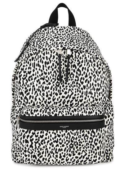 Saint Laurent Monochrome Leopard-print Canvas Backpack In White And Black