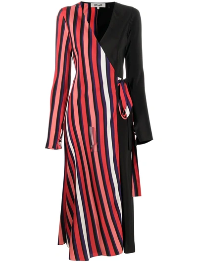 Diane Von Furstenberg Tilly Paneled Printed Silk Crepe De Chine Midi Wrap Dress In Shadow Stripe Pop Red/black