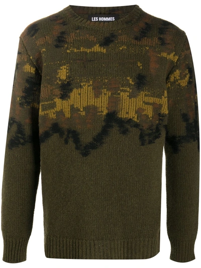 Les Hommes Long-sleeved Distressed Knit Jumper In Green