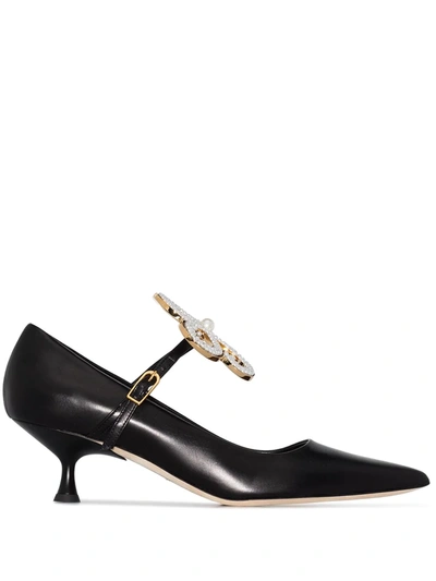 Loewe Pearl Embellished Flower Brooch Pointed Toe Pumps In Black