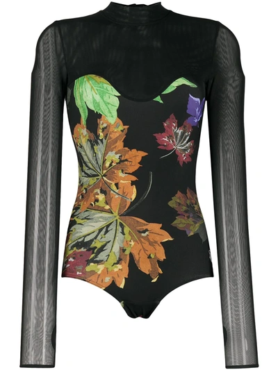 Off-white Mesh Floral-print Bodysuit In Black