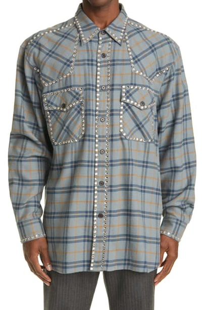 Dries Van Noten Carwick Plaid Oversize Embellished Cotton Shirt In Beige