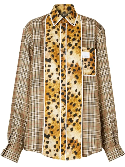 Burberry Spotted Monkey Print Panel Check Oversized Shirt In Soft Fawn Check