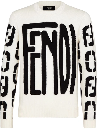Fendi Mens White Black Code Logo-intarsia Wool Jumper 42