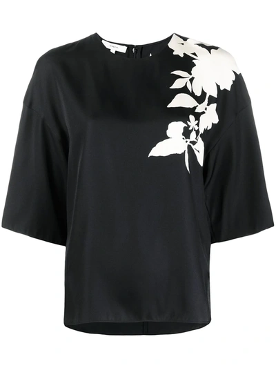 Vince Two-tone Floral-print T-shirt In Black