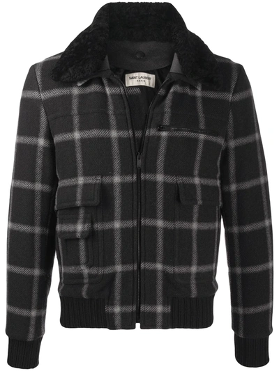 Saint Laurent Aviator Style Check Bomber Jacket In Grey