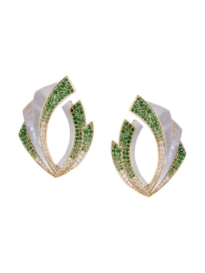 Ananya 18kt Gold Diamond Tsavorite Mogra Light Blossom Earrings In Green