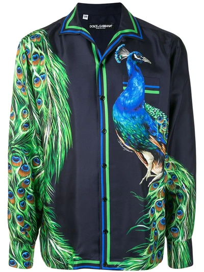Dolce & Gabbana Peacock-print Long-sleeve Shirt In Blue