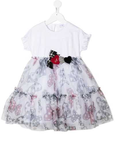 Monnalisa Kids' Bow Print Flared Dress In Bianco