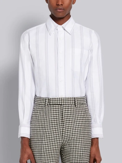 Thom Browne Medium Grey Bold Rep Stripe Oxford Cotton Straight Fit Long Sleeve Shirt In White