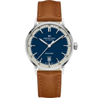 Hamilton Men's Swiss Automatic Intra-matic Brown Leather Strap Watch 40mm In Blue