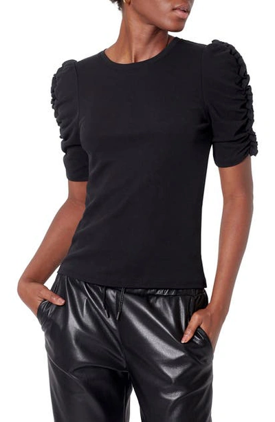 Joie Catherine Ruched Puff Sleeve Cotton Top In Caviar