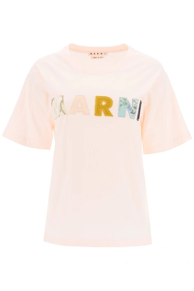 Marni Patchwork Logo Embroidered T-shirt In Pink