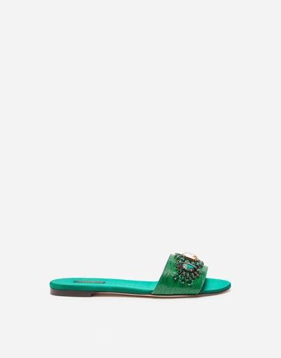 Dolce & Gabbana Crocodile Flank Leather Sliders With Bejeweled Embellishment In Green
