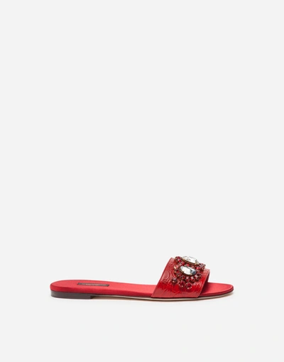 Dolce & Gabbana Crocodile Flank Leather Sliders With Bejeweled Embellishment In Red