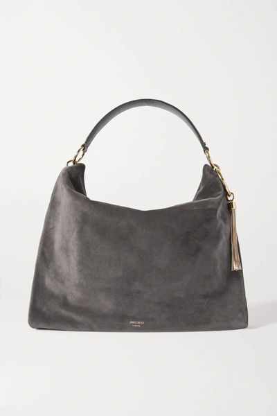 Jimmy Choo Callie Hobo Large Tasseled Leather-trimmed Suede Shoulder Bag In Gray