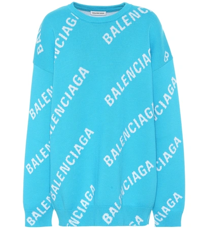 Balenciaga Oversized Logo Wool-blend Knit Sweater In Turquoise