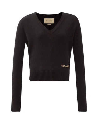 Gucci Horsebit-embellished V-neck Cashmere Sweater In Black