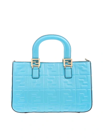 Fendi Ff Logo Textured Small Tote Bag In Turquoise In Light Blue