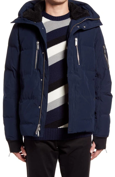 Karl Lagerfeld Mid Length Down & Feather Jacket With Faux Shearling Lining In Navy