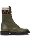 Fendi Rockoko Knit Leather Combat Boots In Green