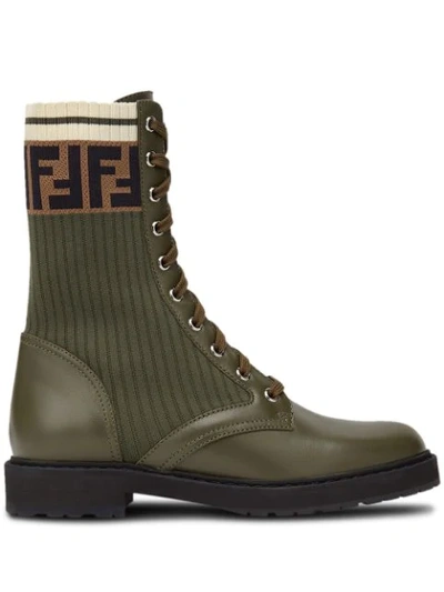 Fendi Rockoko Knit Leather Combat Boots In Green