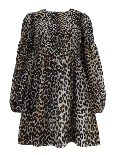 Ganni Leopard Printed Cotton Silk Blend Dress In Beige