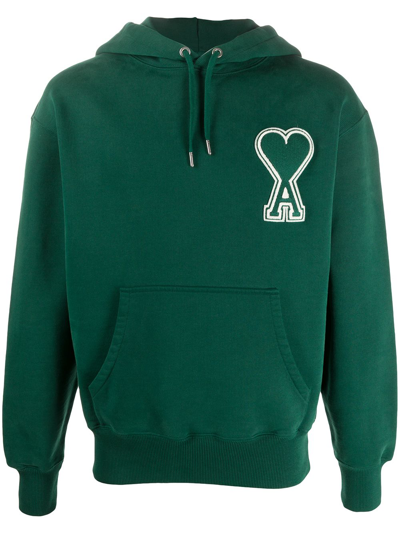 Ami Alexandre Mattiussi Ami De Coeur-patch Cotton-jersey Hooded Sweatshirt In Green