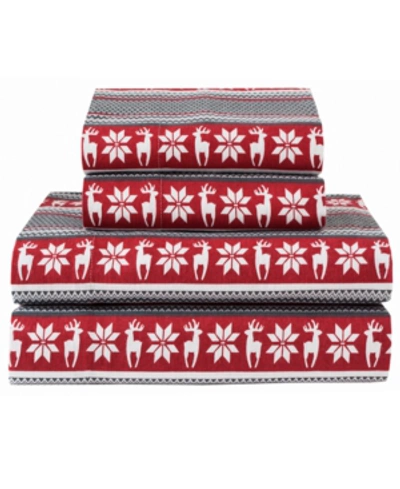 Elite Home Winter Nights Cotton Flannel King Sheet Set Bedding In Deer- Red