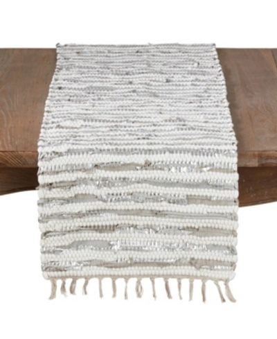 Saro Lifestyle Leather And Cotton Woven Chindi Table Runner In Silver
