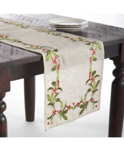 Saro Lifestyle Embroidered Holly Design Holiday Linen Blend Table Runners In Natural